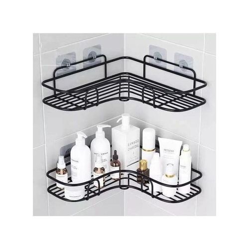 No-Drill Corner Shelf Organizer – Rust-Resistant Stainless Steel Wall Mount for Bathroom & Kitchen, Strong Adhesive Shower Caddy - Black