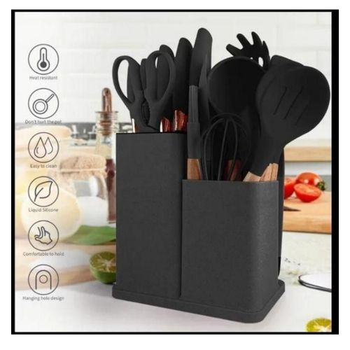 19-Piece Executive Silicone & Wood Kitchen Utensil Set – Non-Stick Heat-Resistant Cookset with Knife Block, Chopping Board & Storage Holder