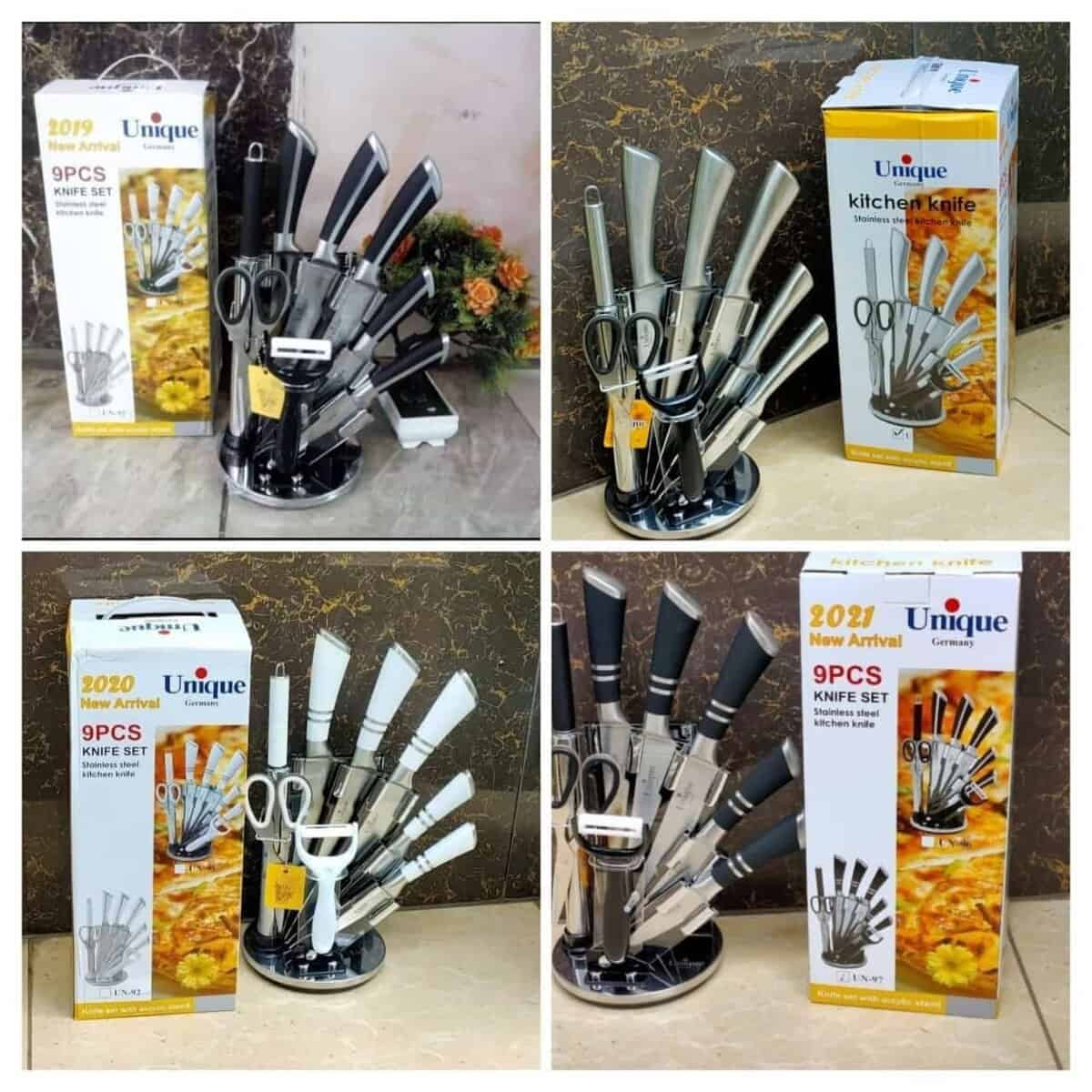 UNIQUE 9-Piece German Executive Knife Set – Premium Stainless Steel Kitchen Cutlery with Rotating Acrylic Stand, Cleaver & Sharpener