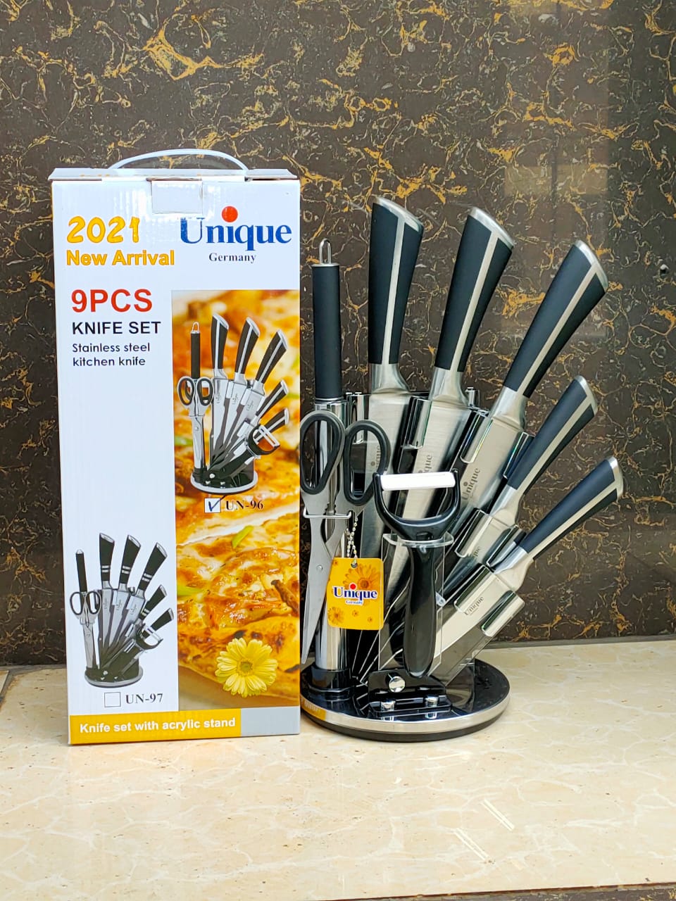 UNIQUE 9-Piece German Executive Knife Set – Premium Stainless Steel Kitchen Cutlery with Rotating Acrylic Stand, Cleaver & Sharpener