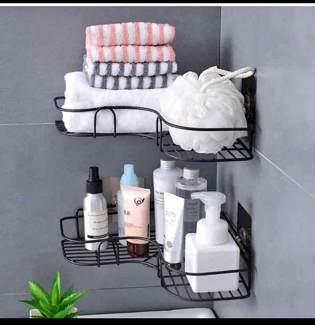 No-Drill Corner Shelf Organizer – Rust-Resistant Stainless Steel Wall Mount for Bathroom & Kitchen, Strong Adhesive Shower Caddy - Black